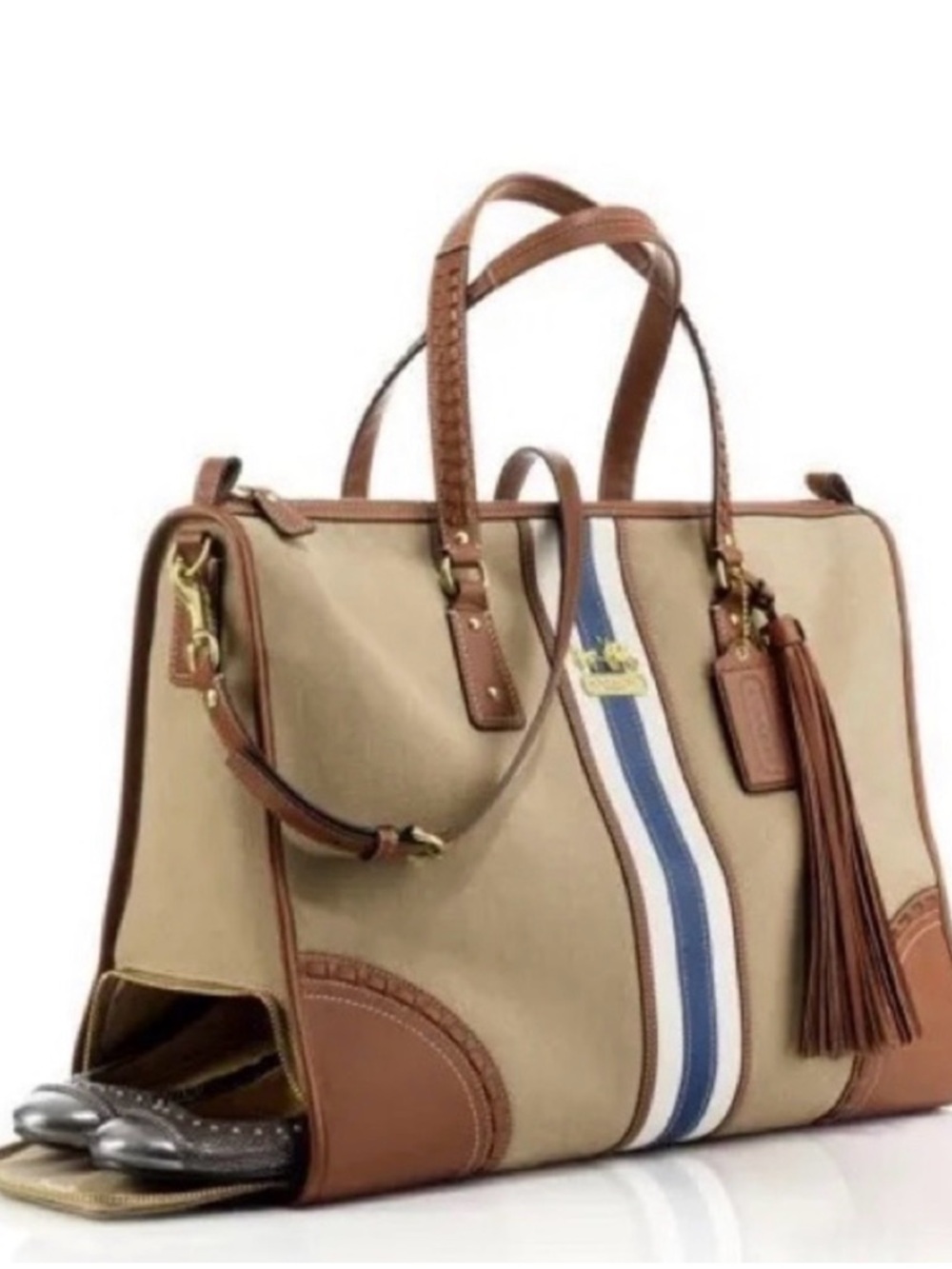 Coach Beige Canvas Tote with Brown Leather Trim and Blue-White Stripe
